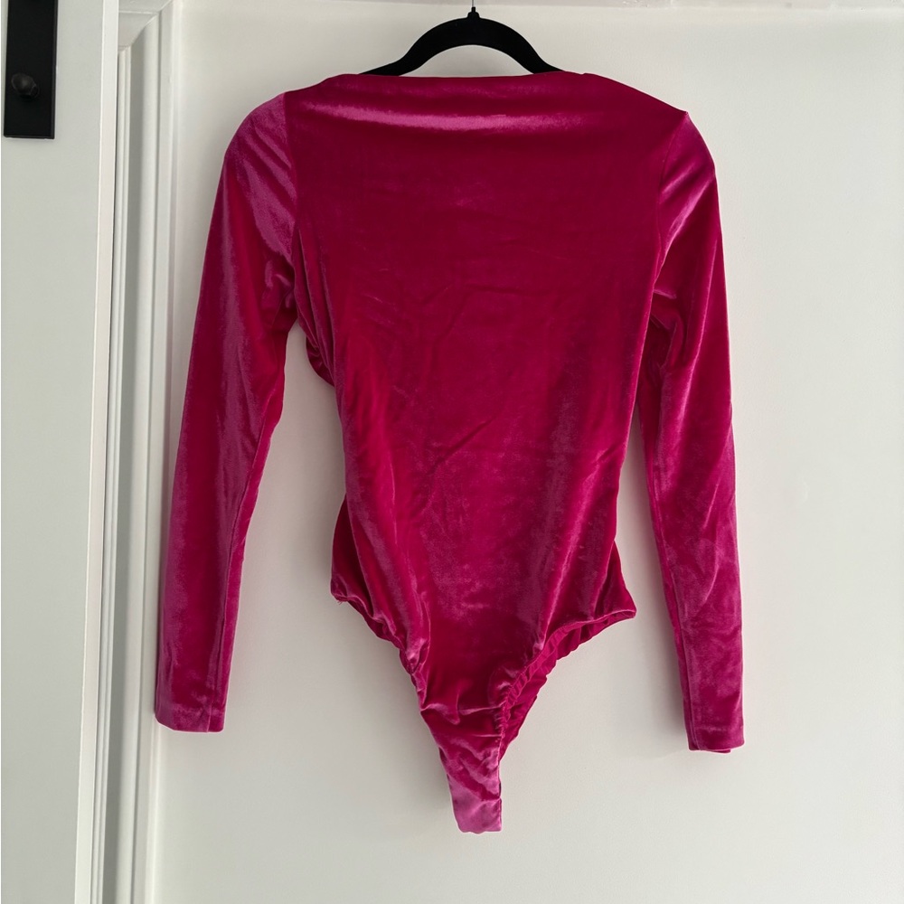 Zara Fuchsia Velvet Draped Long-Sleeve Bodysuit - Picture 5 of 7